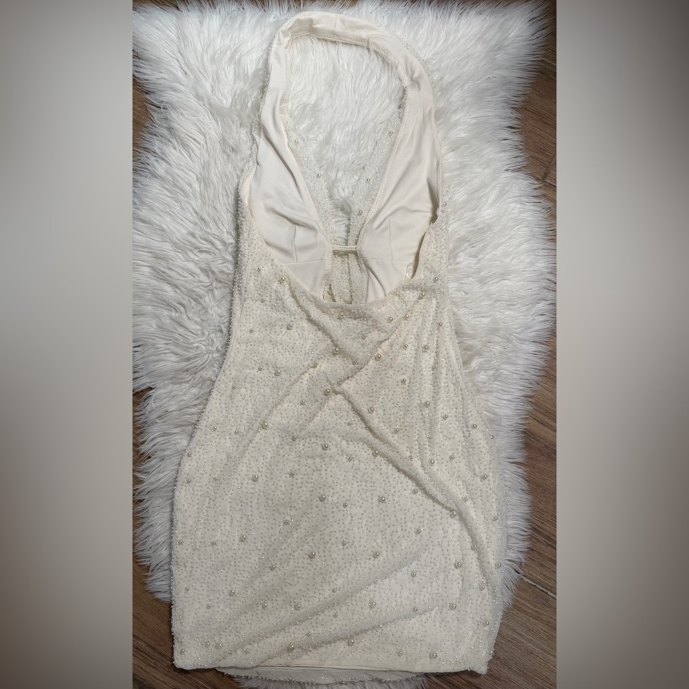 Oh Polly Pearl Beaded Halter Mini Dress Ivory Plunge Cowl Neck UK 8 US 4 - Picture 5 of 7